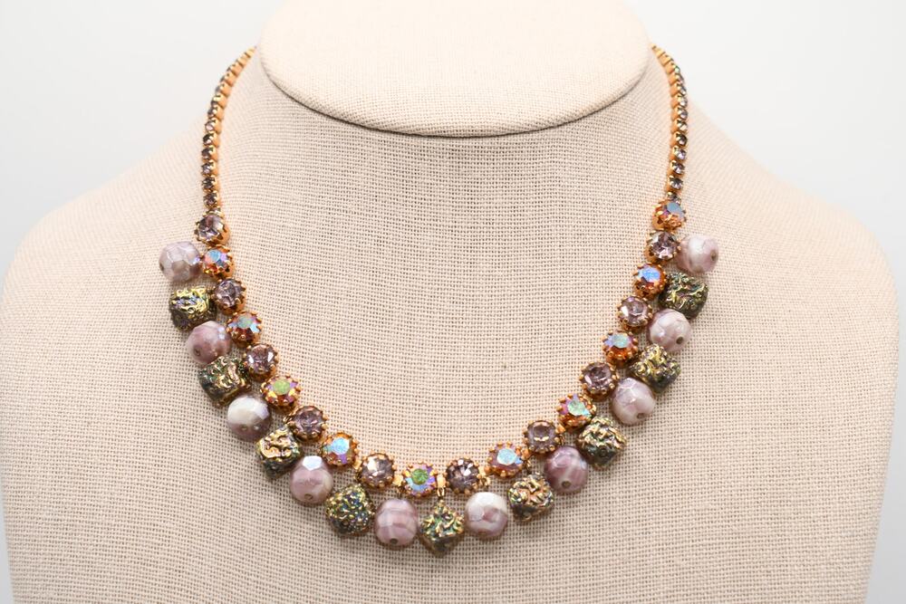 Vintage AB Rhinestone Art Glass Dangle Choker Necklace 15 Inch